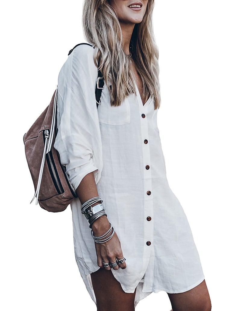 Zoye Chen Womenâ€™s Swimsuit Cover up,Silky Button Down Shirt Midi Dress Kimono,Summer Bathing Suit Beach Coverups for Women (CP-Aline) (White, Small) - Image 1